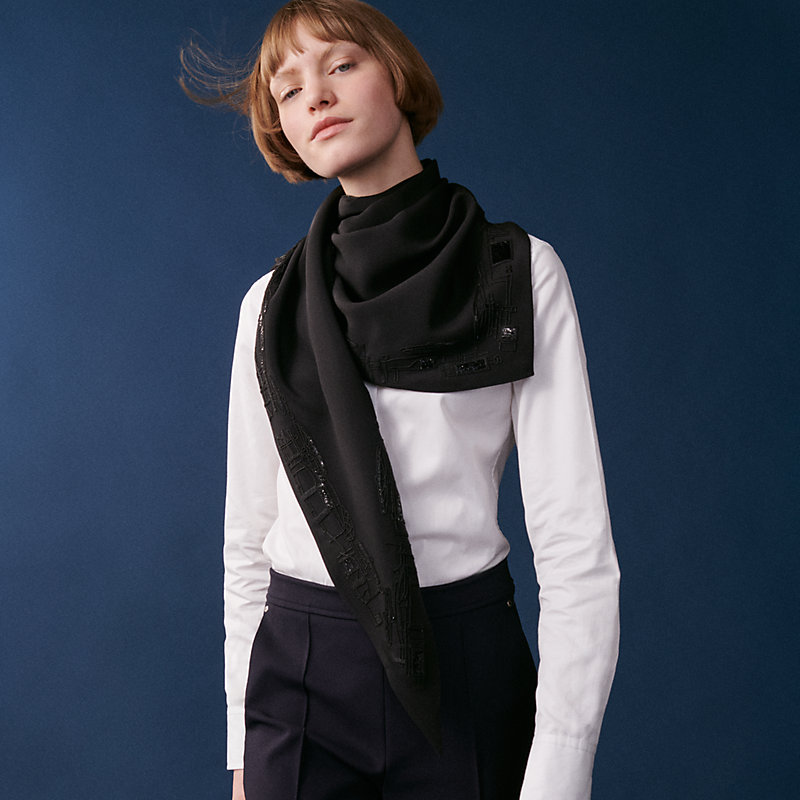 Complication Equestre embroidered triangle scarf - Black | Hermès USA